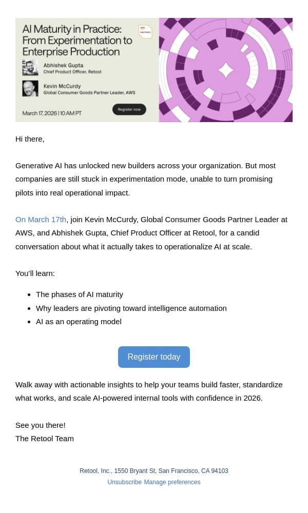 [You’re Invited] AI Maturity in Practice with AWS Guest Speaker email from Retool screenshot