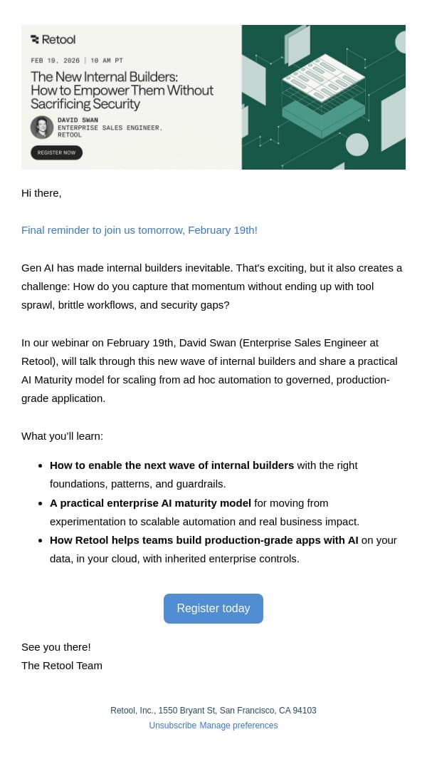 Last Call: Learn How to Empower the New Internal Builders Safely email from Retool screenshot
