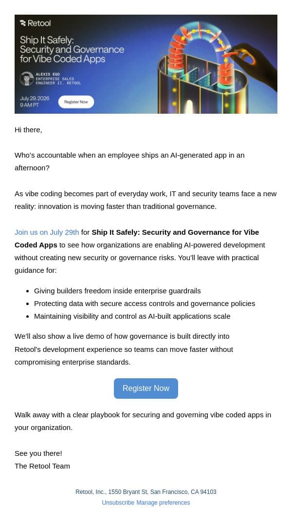 Vibe coding is happening in your org. Here's how to govern it. email from Retool screenshot