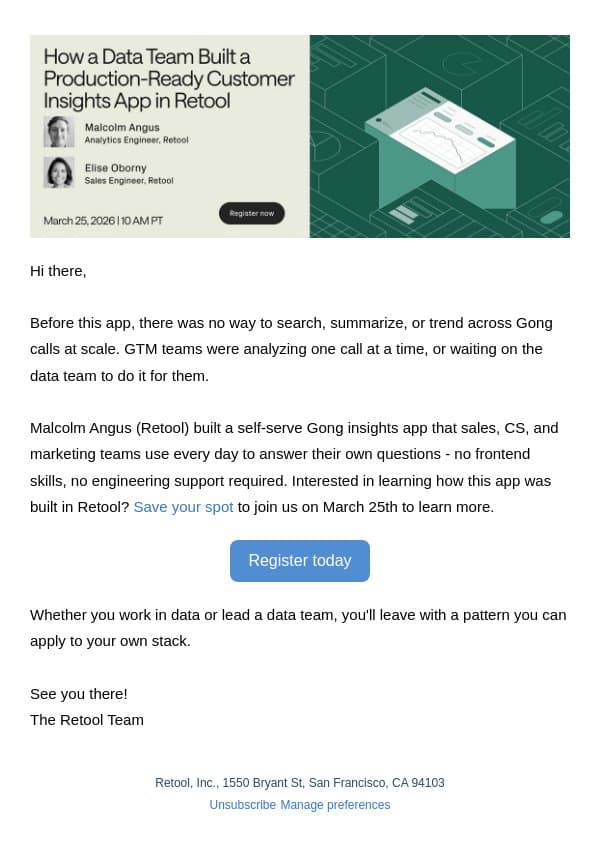 What If Your GTM Team Could Search Customer Calls Themselves? email from Retool screenshot