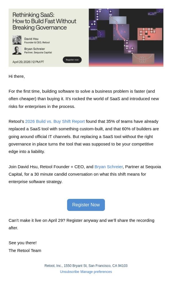 Rethinking SaaS: Fireside Chat with Retool Founder & Sequoia Partner email from Retool screenshot
