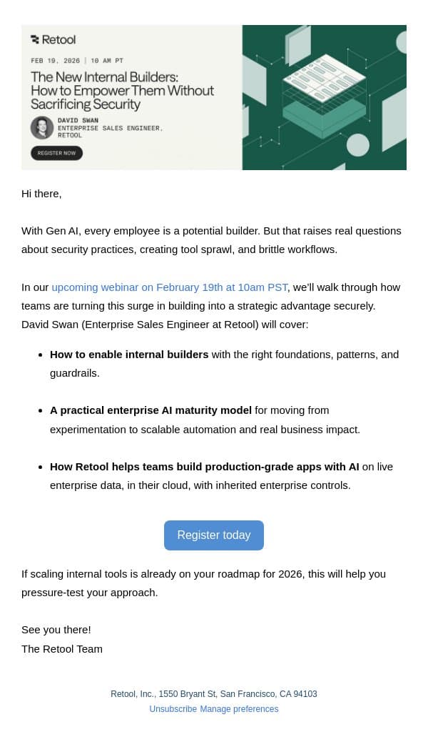 [Next Week] How to Empower the New Internal Builders. email from Retool screenshot