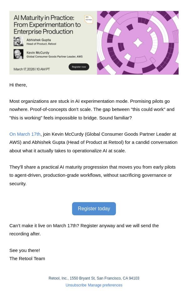 Fireside Chat: AI Maturity in Practice email from Retool screenshot