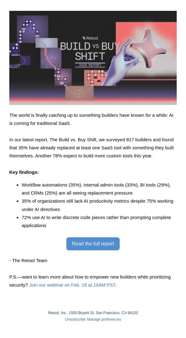 Is AI replacing SaaS? Our research says yes. email from Retool screenshot