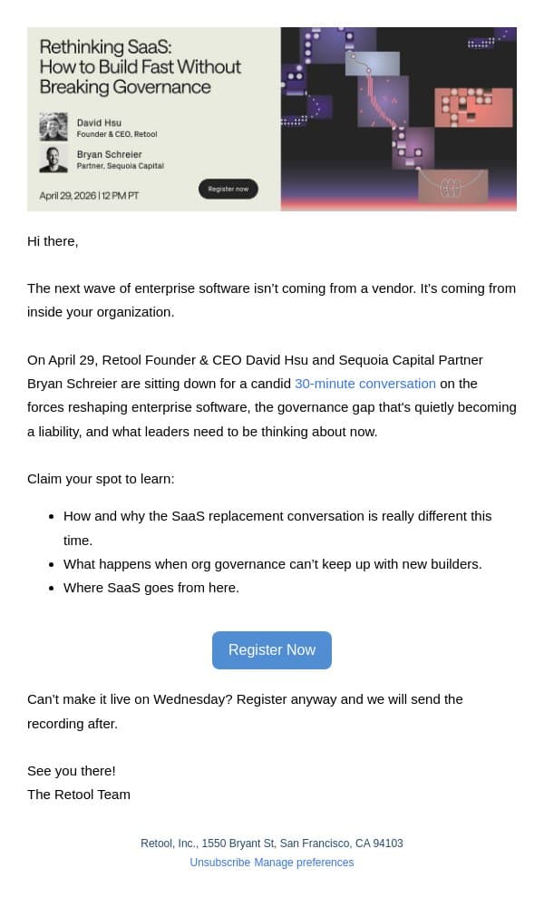 [Wednesday] Rethinking SaaS with Retool’s Founder: Fireside Chat email from Retool screenshot