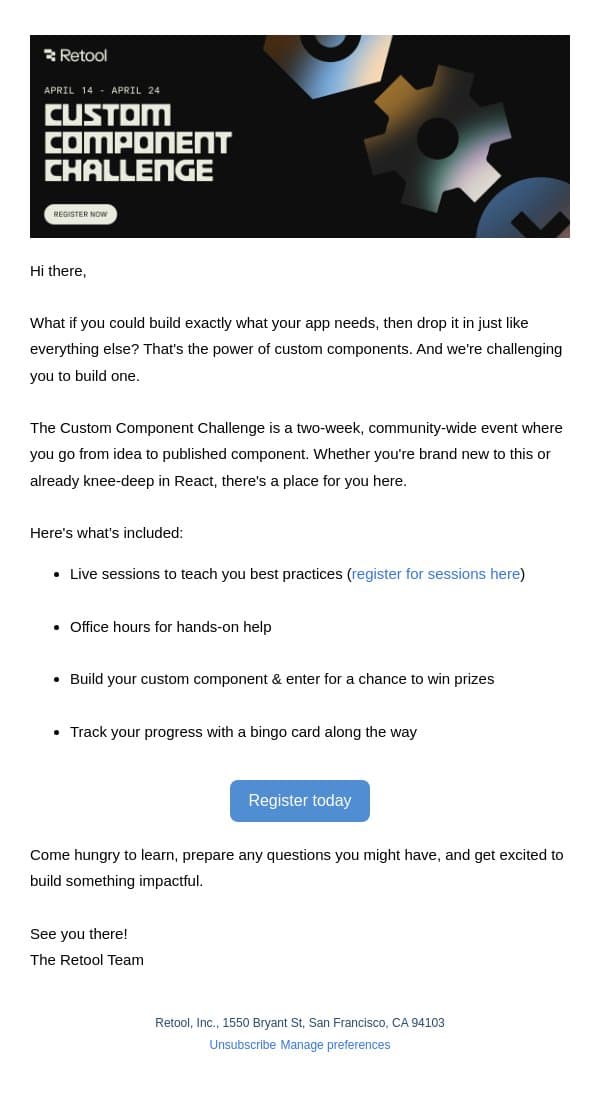 You’re Invited: The Custom Component Challenge email from Retool screenshot