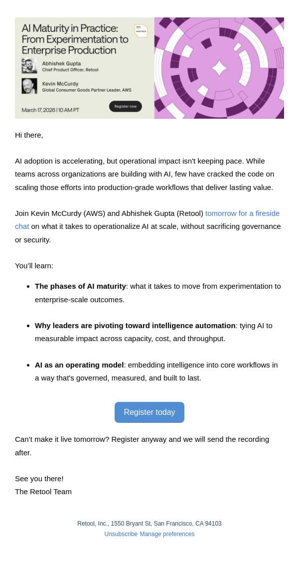 [Tomorrow] AWS & Retool Leaders Take on AI Maturity email from Retool screenshot