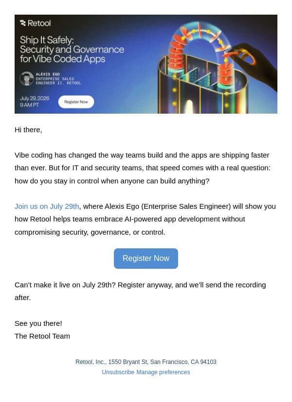 Vibe coding is here. Is your security keeping up? email from Retool screenshot