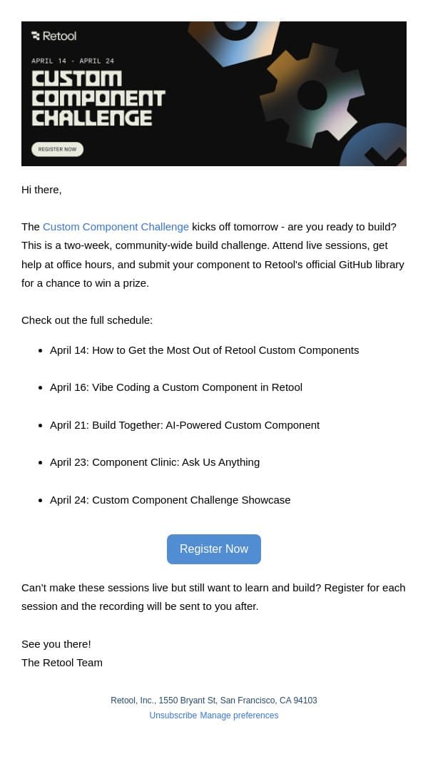 [Tomorrow] The Custom Component Challenge Kickoff email from Retool screenshot