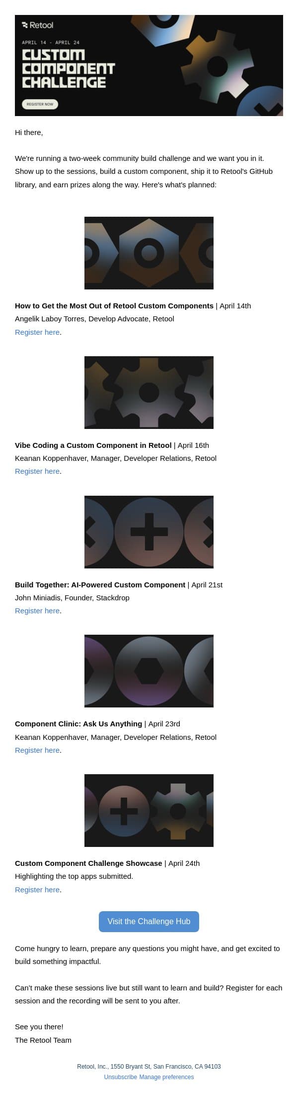 [Session Line Up] The Custom Component Challenge email from Retool screenshot