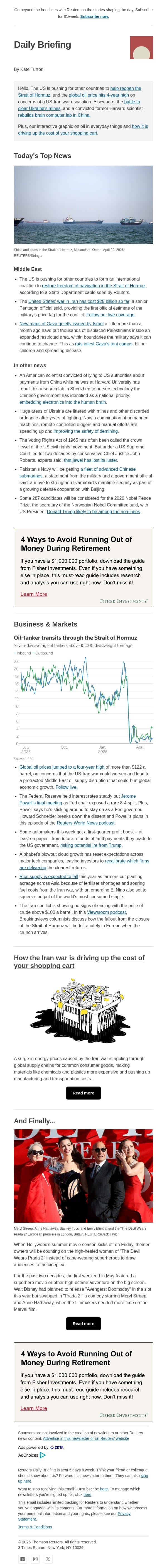 Global oil price hits 4-year high email from Reuters screenshot