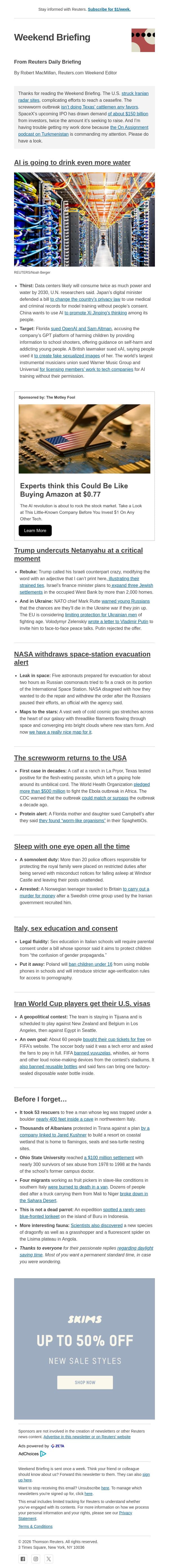 AI is going to drink even more water email from Reuters screenshot