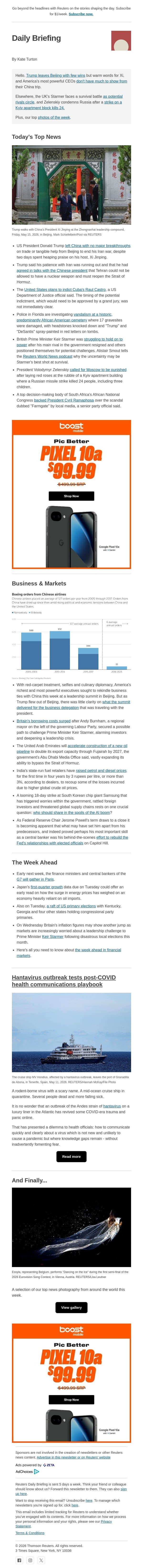 Trump leaves Beijing with few wins email from Reuters screenshot