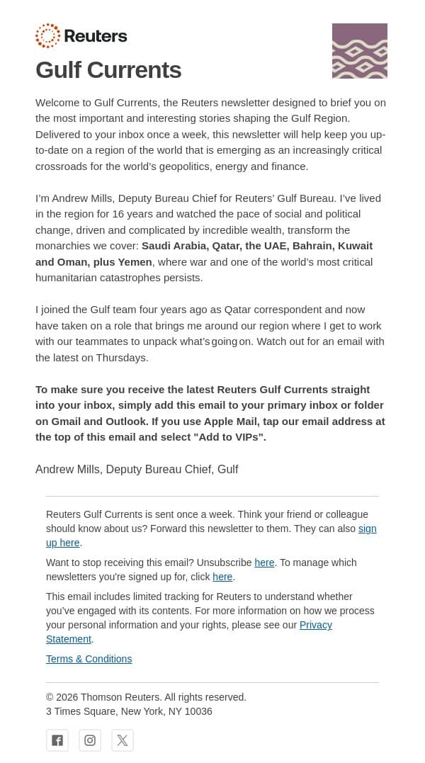 Are you ready for the Reuters Gulf Currents? email from Reuters screenshot