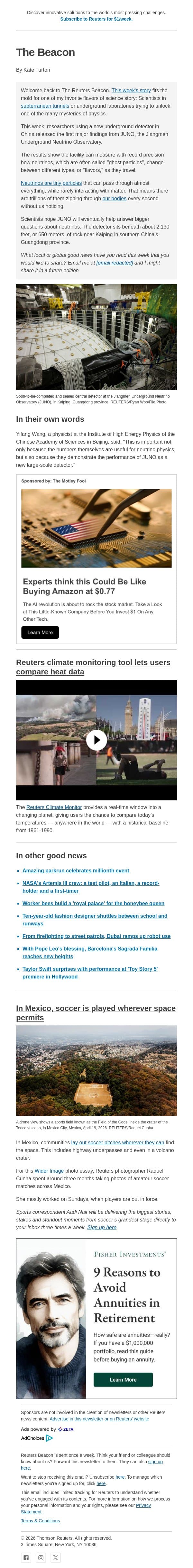 Underground facility studies ghostly neutrinos email from Reuters screenshot