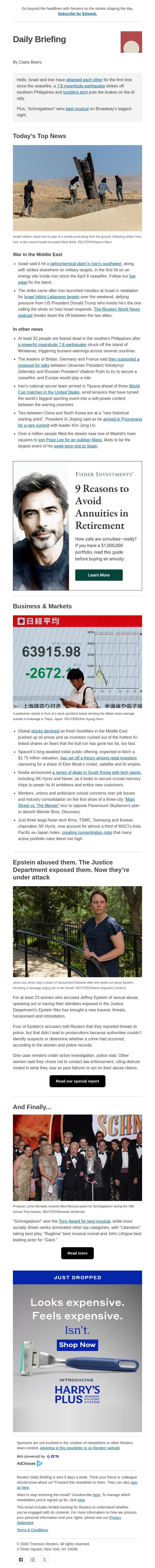 Israel and Iran exchange attacks email from Reuters screenshot