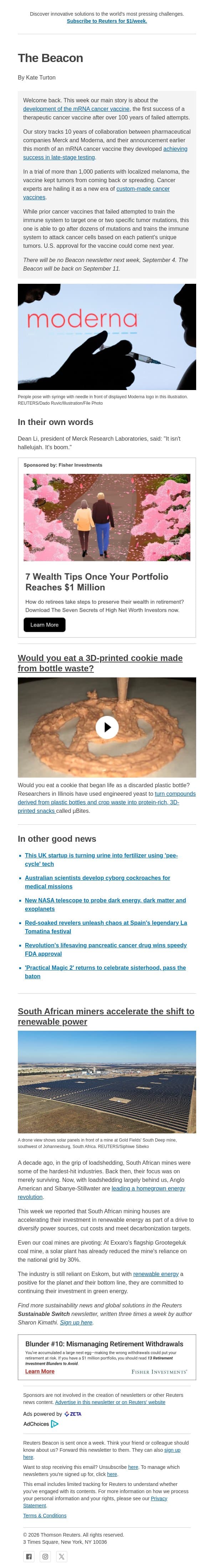 Inside a cancer vaccine breakthrough email from Reuters screenshot
