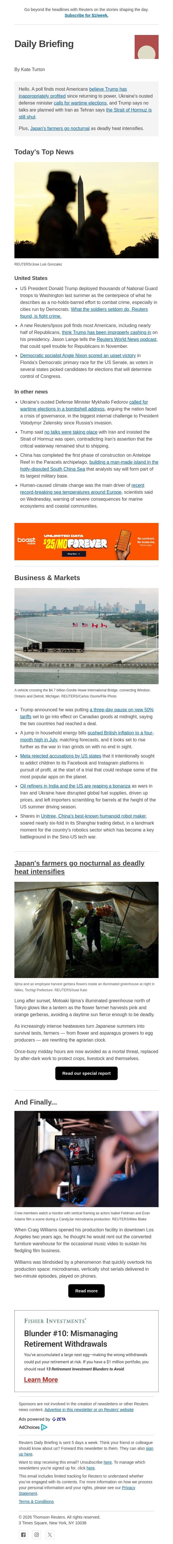 Profiting from the presidency? email from Reuters screenshot