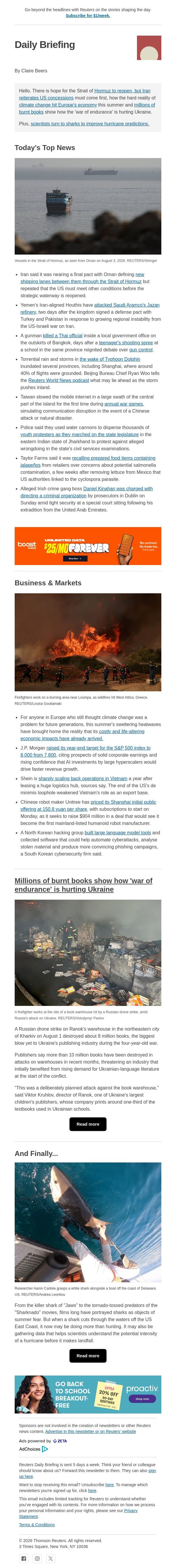 Iran ties Hormuz reopening to US concessions email from Reuters screenshot