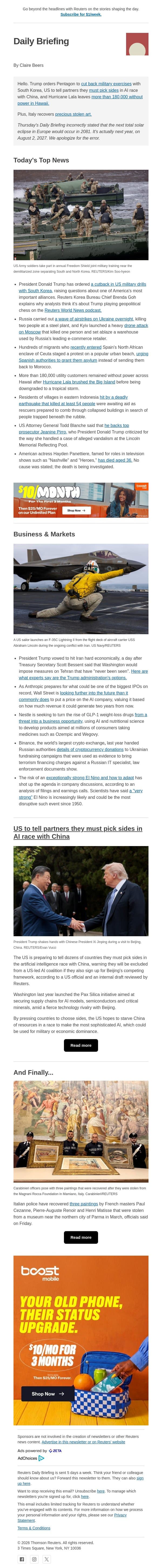 US cut back South Korea military exercises email from Reuters screenshot