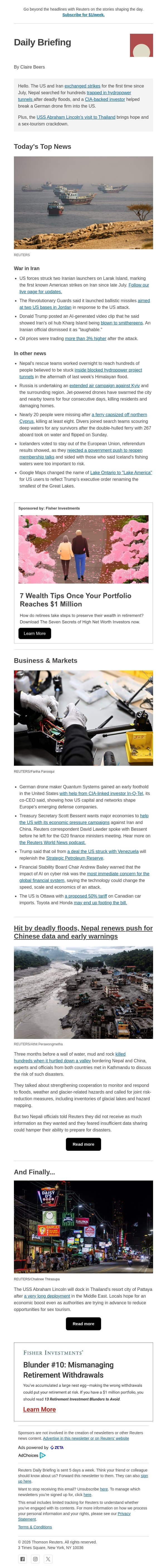 US-Iran exchange first strikes in weeks email from Reuters screenshot