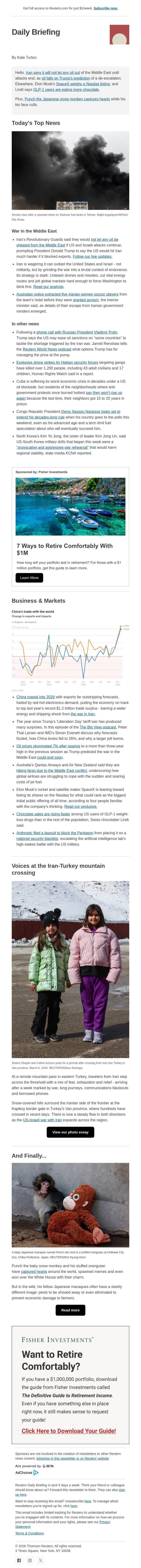 Markets bet Trump will end Iran war soon email from Reuters screenshot