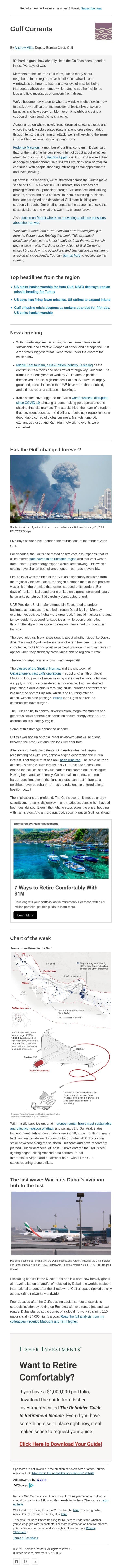 Iran war tests Gulf fundamentals email from Reuters screenshot