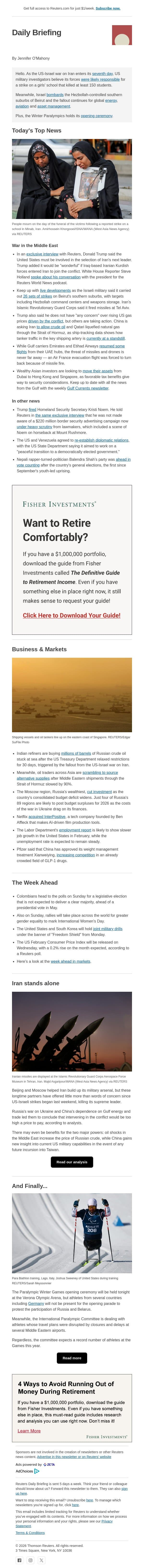 Seven days of war in Iran email from Reuters screenshot