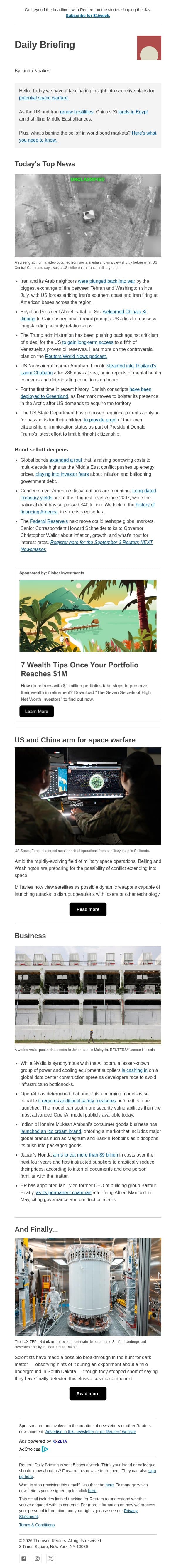 US and China arm for space warfare email from Reuters screenshot