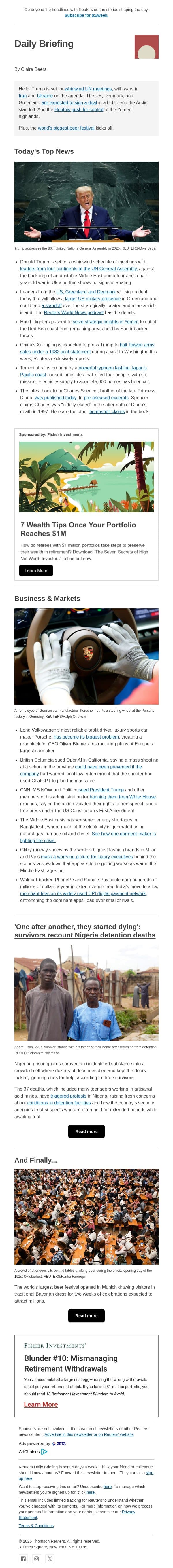 The Trump UNGA show email from Reuters screenshot