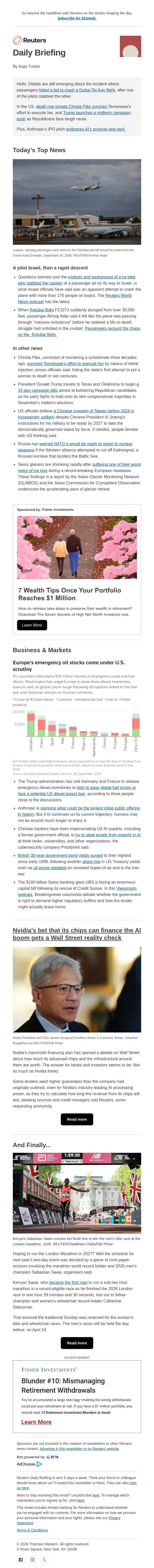 Chaos on flight 1073 email from Reuters screenshot
