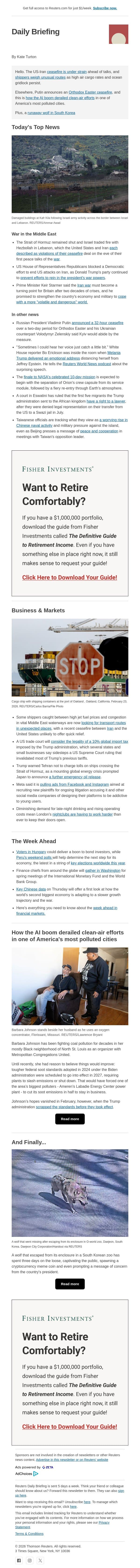 Lebanon fighting strains truce email from Reuters screenshot