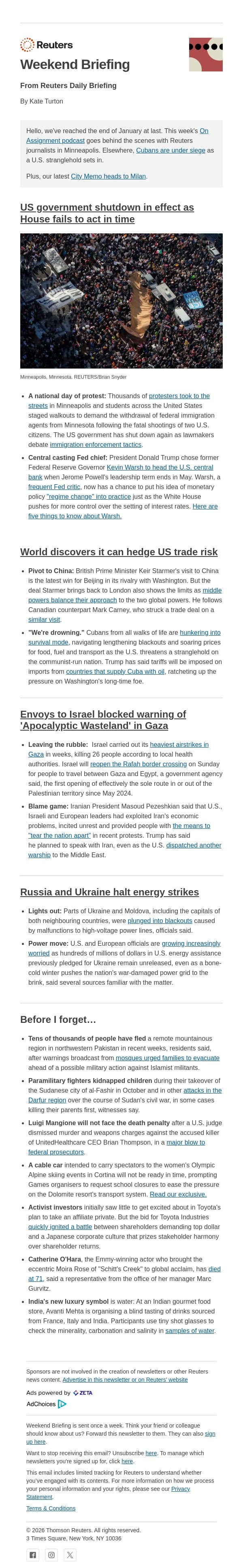 US government starts likely brief shutdown email from Reuters screenshot