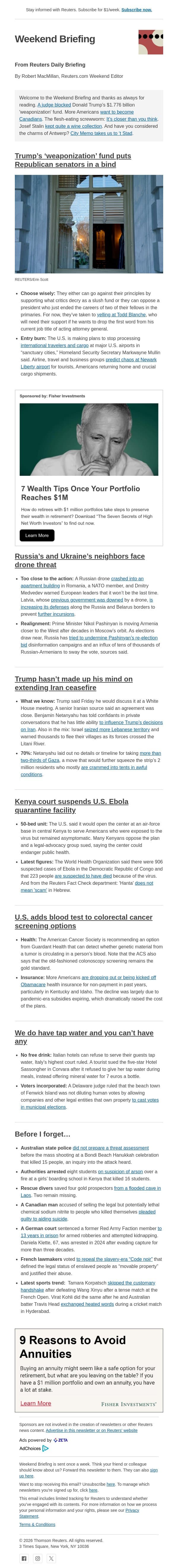 Trump fund puts Republican senators in a bind email from Reuters screenshot