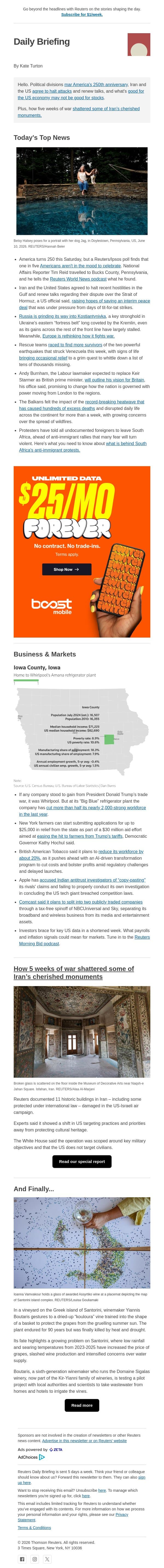 Is America too divided to celebrate as one? email from Reuters screenshot