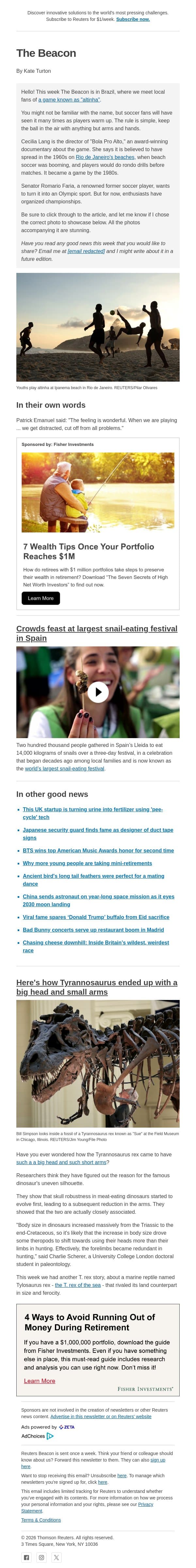 How did T-Rex end up with a big head and small arms? email from Reuters screenshot