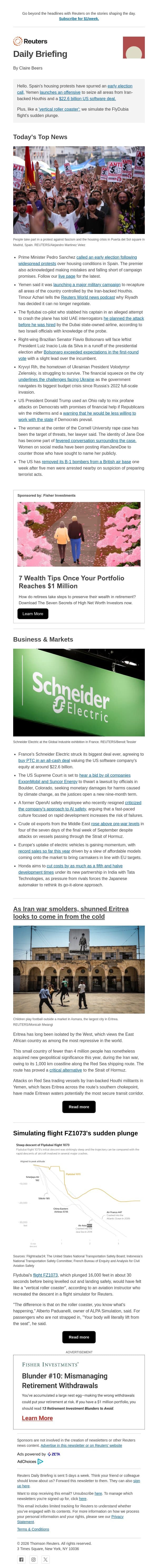 Spain's protests force early election email from Reuters screenshot
