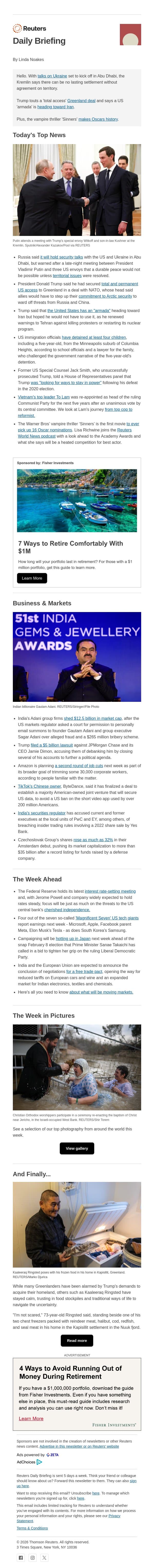 Russia, Ukraine and US meet in Abu Dhabi email from Reuters screenshot
