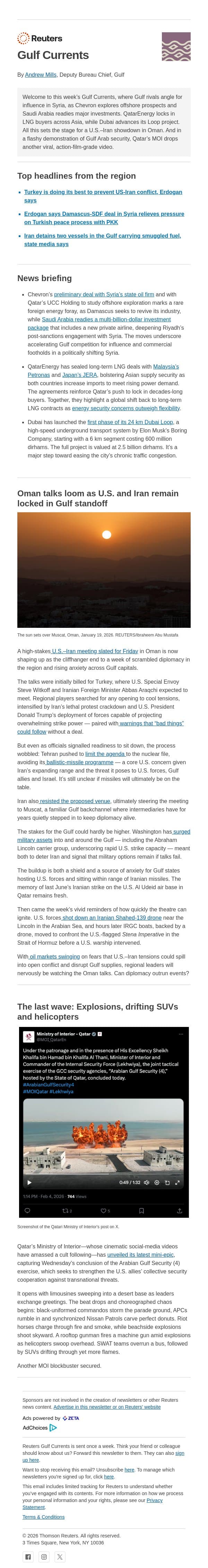 Oman Talks as U.S.–Iran Tensions Spike email from Reuters screenshot