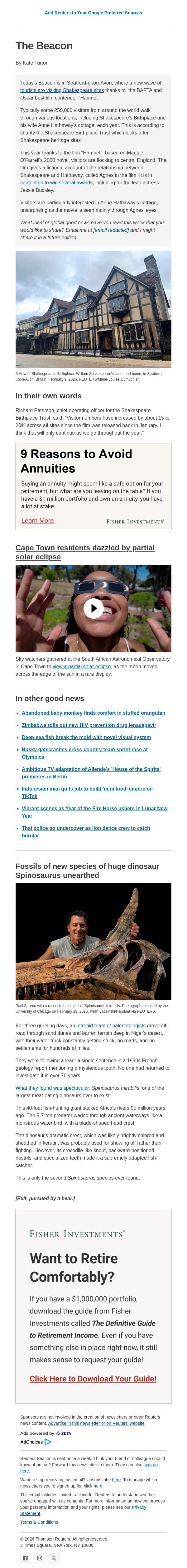 Tourism boost at Shakespeare sites email from Reuters screenshot