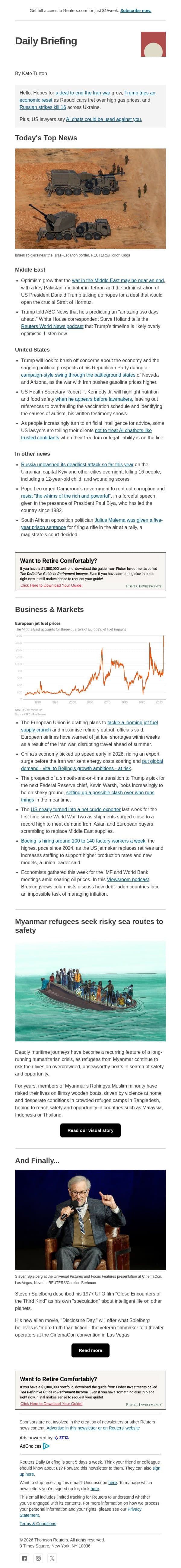 Hopes for Middle East peace grow email from Reuters screenshot