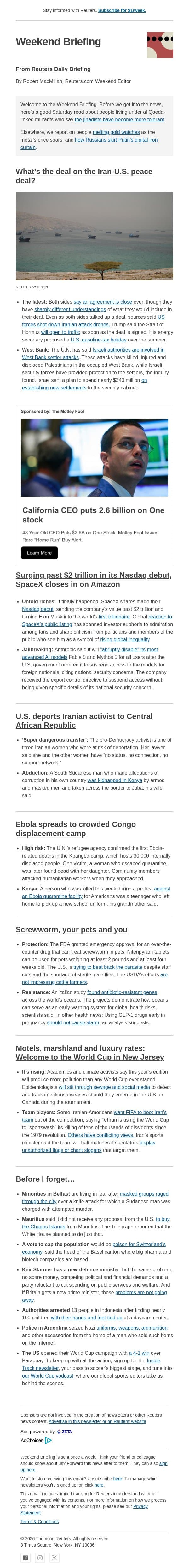 Iran peace deal: For real? email from Reuters screenshot