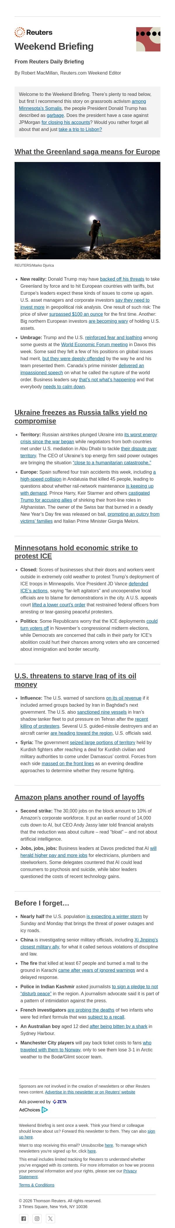What the Greenland saga means for Europe email from Reuters screenshot