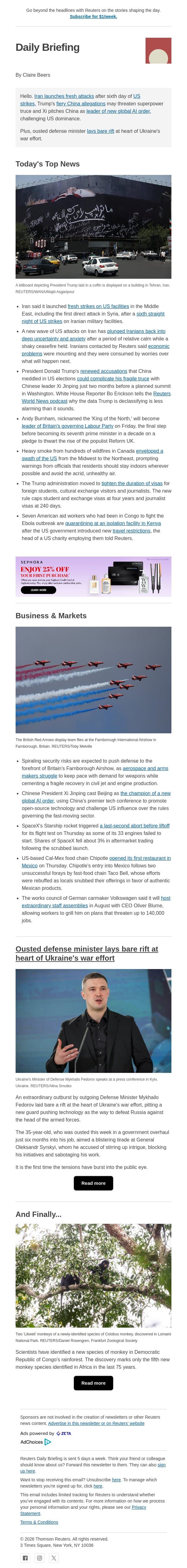 "Uncertainty and anxiety" amid Middle East escalation email from Reuters screenshot