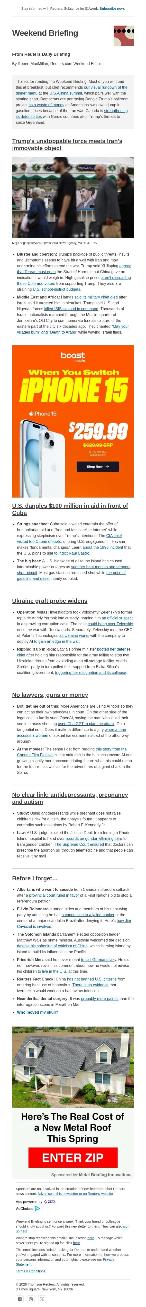 Trump’s unstoppable force, Iran’s immovable object email from Reuters screenshot