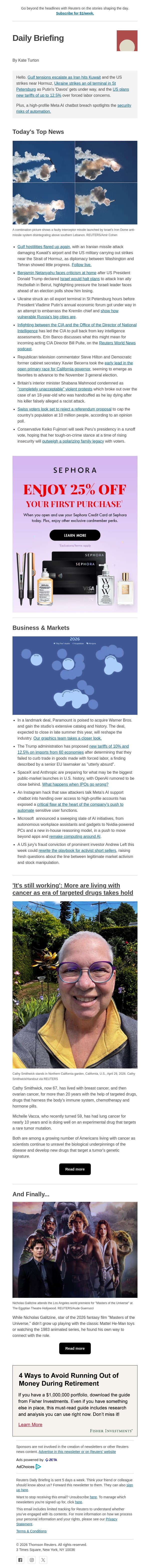 Hostilities flare up in Iran email from Reuters screenshot