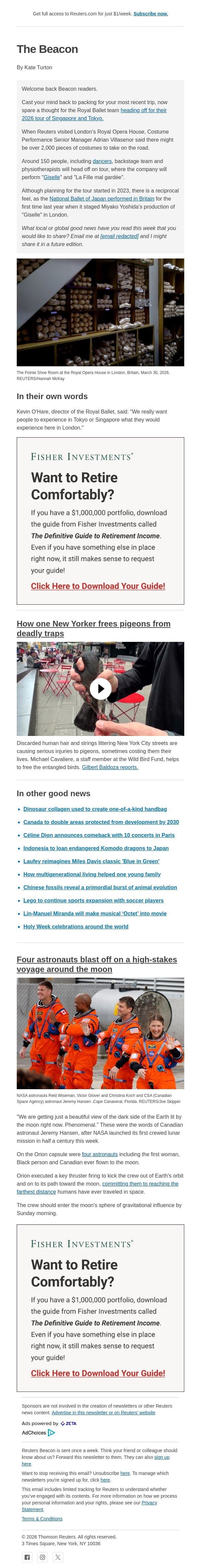 Taking the ballet show on the road email from Reuters screenshot