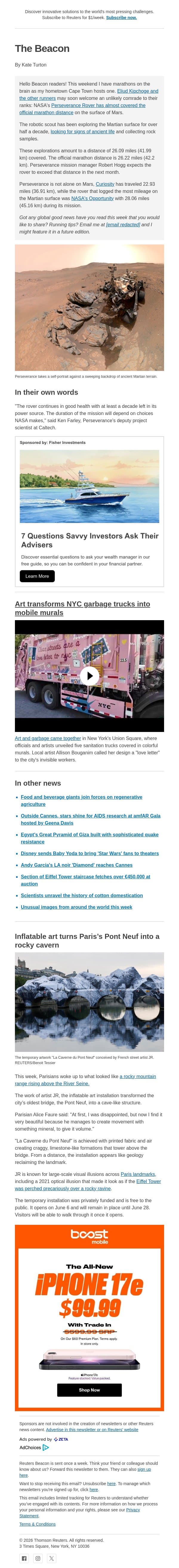 Completing a Martian marathon email from Reuters screenshot