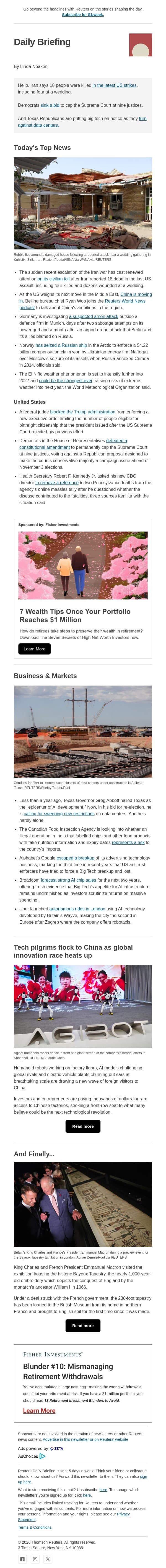 Alarm over Iran civilian death toll email from Reuters screenshot