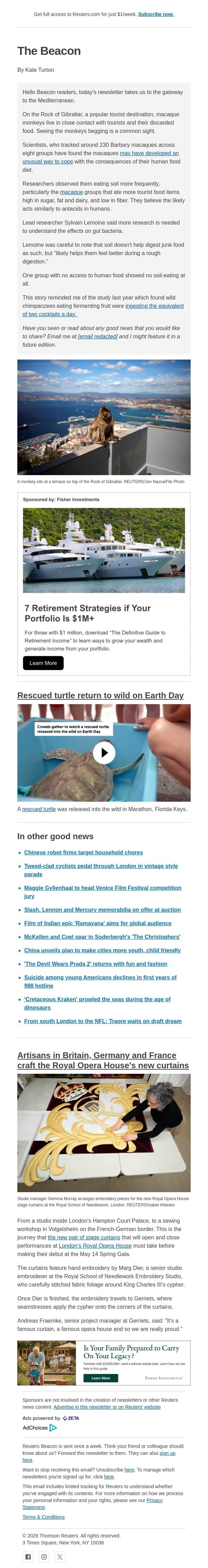 Monkeys use soil to settle stomachs email from Reuters screenshot